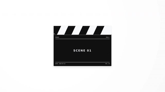 Minimal film clapperboard with striped slate, labeled scene 01, centered on white background with copy space