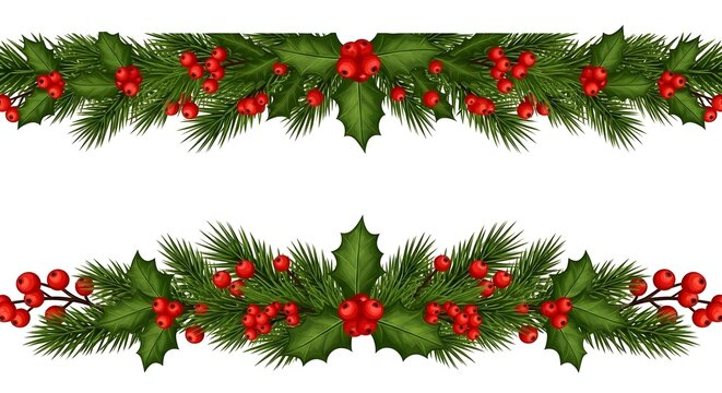 Christmas seamless borders with pine branches, holly leaves and red berries isolated on white background