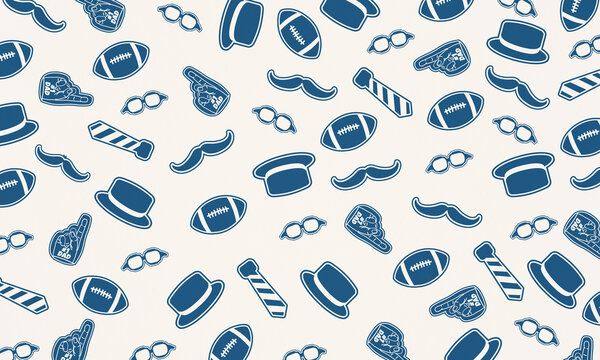 Father&rsquo;s Day seamless pattern with football, mustache, hat, glasses, tie, and foam finger icons in blue outline style. Modern playful background for web, banner, and social media.