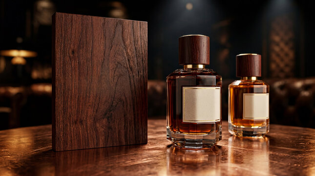 Luxury wooden perfume bottles on table with elegant box packaging