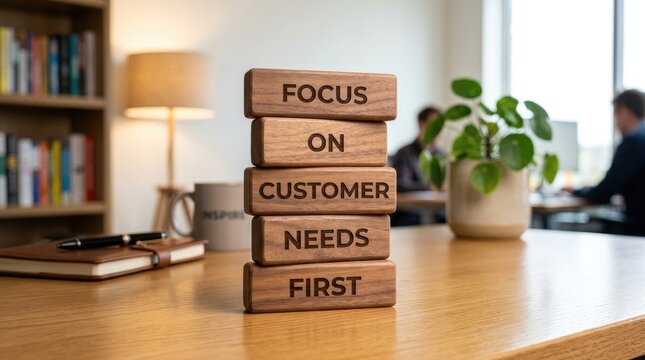 Stacked wooden blocks displaying a clear business strategy emphasizing the importance of prioritizing customer needs in a professional office setting