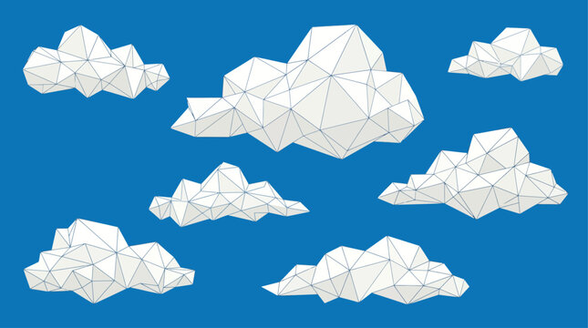 Low poly white clouds on blue sky for design polygonal shapes in nature geometric fluffy cloud formations for creative projects and digital art