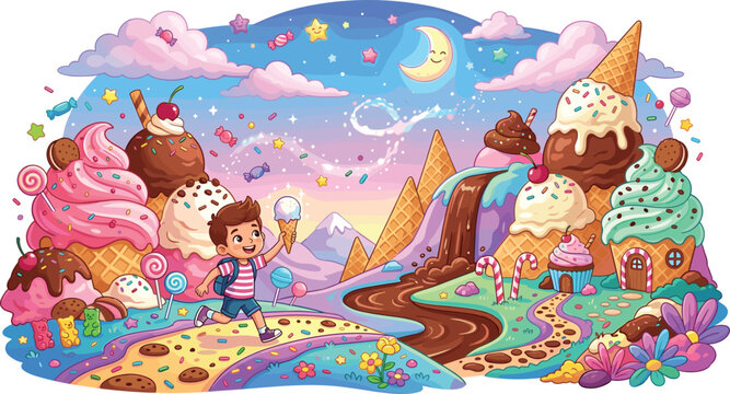 Cute cartoon boy exploring magical sweet candy land dream landscape filled with ice cream mountains chocolate rivers and lollipops vector illustration
