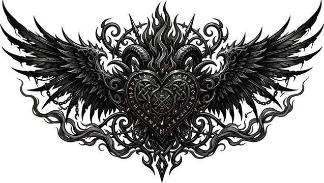 Dark gothic fantasy winged heart crest vector illustration featuring horned demonic runes flames and intricate ornate filigree tattoo design