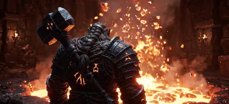 Powerful Armored Orc Warrior with Molten Hammer in Volcanic Forge