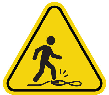 Warning sign for tripping hazard caution symbol with person and cable on yellow triangle safety alert for danger