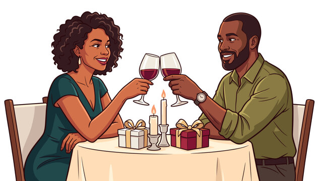 Romantic Toast: A happy couple enjoys a candlelit dinner, clinking glasses of red wine in a toast to their love and shared moments, surrounded by elegant gifts.