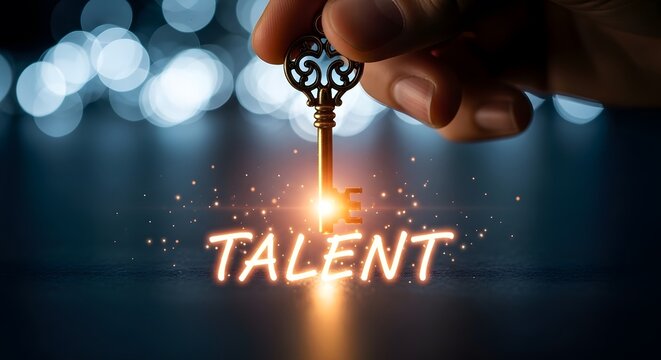 Hand holding a glowing key with the word talent shining brightly