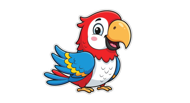 Cute Cartoon Parrot Bird, Vibrant Colors, Happy Expression, Isolated on White Background