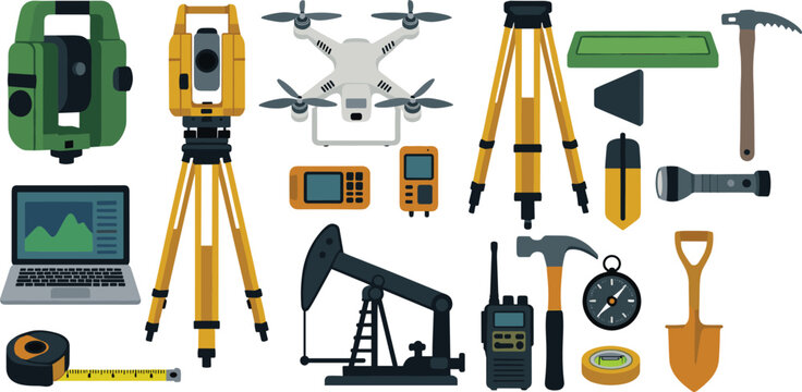Professional Land Surveying and Geological Engineering Equipment Set Featuring Total Station, Drone, Oil Pump, Laptop, GPS, and Construction Tools for Industrial Site Analysis