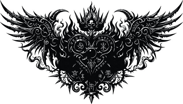 Dark gothic winged heart silhouette crest vector illustration featuring occult runes demonic crown thorns and intricate black metal tattoo elements