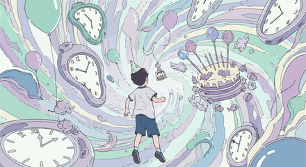 Obraz premium Whimsical vector illustration of child floating among surreal clocks and gears in dreamlike fantasy scene. Surreal art style with vibrant colors and intricate patterns.