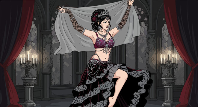 Elegant dancer in flowing dress performing on stage with dramatic lighting and ornate curtains. Vector illustration of graceful ballet-inspired pose with flowing fabric and dynamic movement.