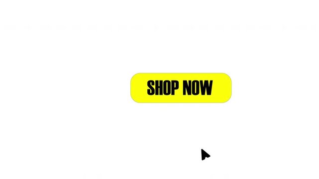 Shop now button click with cursor and cart animation isolated on white background