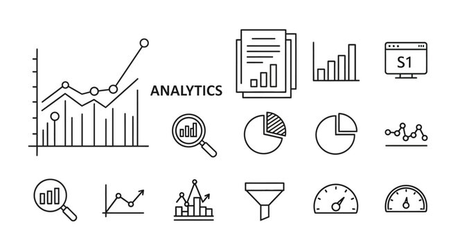 Collection of business analytics and data visualization icons.