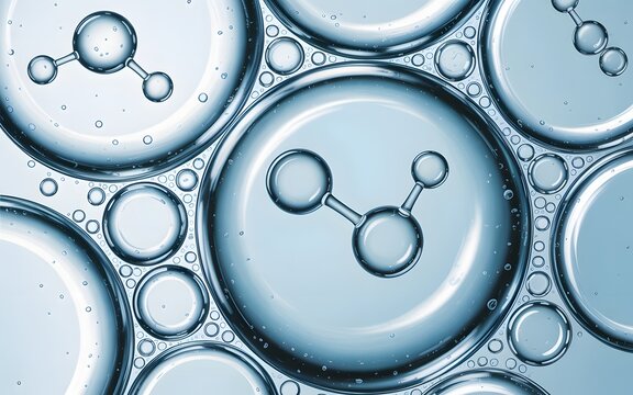 Microscopic view of clear bubbles with molecular structures inside, floating in a light blue liquid.