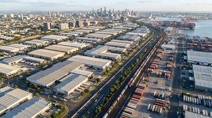 Fototapeta premium Aerial View of Industrial Logistics Hub and City Skyline