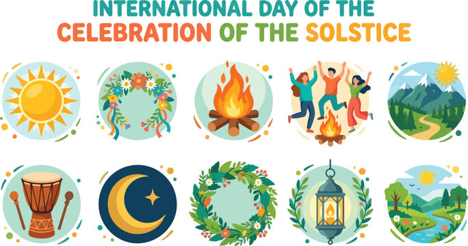 Vector icons for International Day of Celebration of the Solstice, seasonal nature illustrations