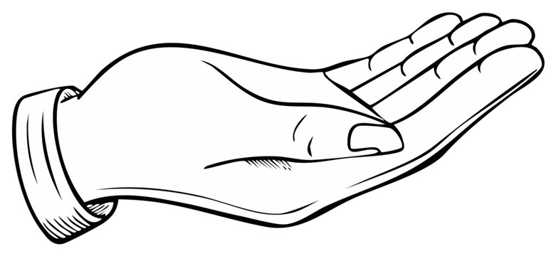 Outstretched hand drawing in black and white, holding something, palm up