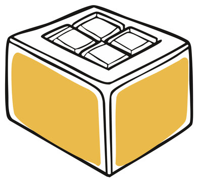 Hand Drawn Illustration of a Yellow and White Cheese Block with Four Squares on Top