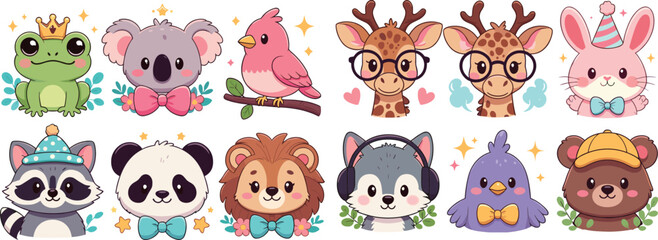 Naklejka premium Set of Adorable Animal Avatars Featuring Cute Frog with Crown, Koala, Giraffe with Glasses, Panda, and Lion for Kids Stickers, Icons, and Decorative Graphic Designs