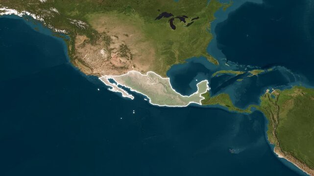 Mexico country shape outlined in clean white on a 3D satellite terrain map, animated with a slow orbital rotation around its North American location