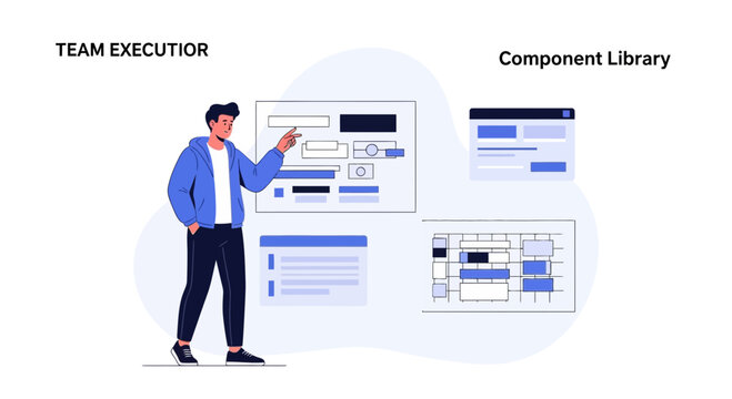 Man using component library for team execution, software development