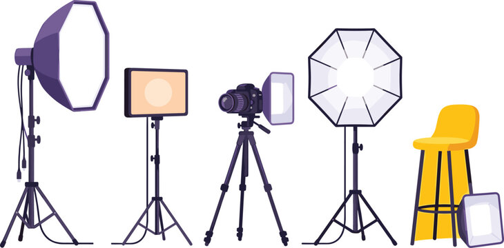 Professional Photography Studio Equipment Set Featuring Softbox Lighting, Digital Camera on Tripod, LED Panels, Octabox, and Studio Chair for Creative Photoshoot Projects