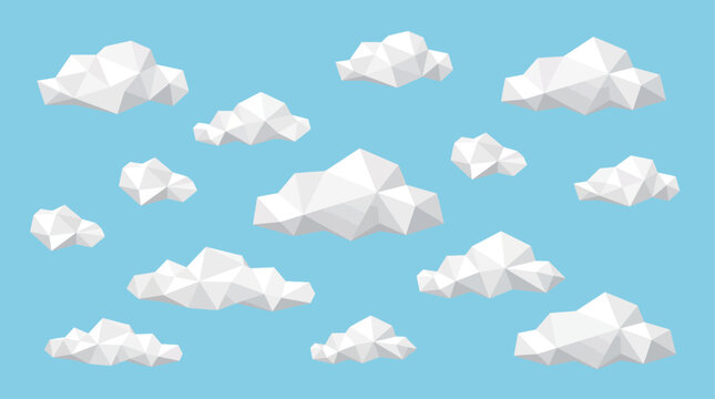 A serene assemblage of beautifully rendered polygonal clouds floats gracefully across a tranquil blue expanse embodying a futuristic and abstract atmospheric vision. This geometric celestial design pr