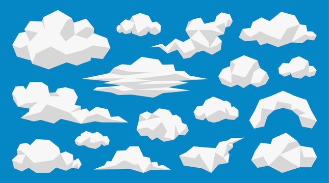 A creative assembly of distinct geometric cloud formations against a vibrant blue expanse evoking a sense of calm and ethereal digital atmosphere perfect for imaginative visual narratives and celestia