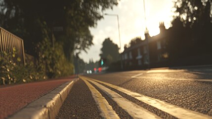 Fototapeta premium Serene Urban Streetscape at Dusk with Gentle Sunlight Illuminating the Cobblestones and Lush Greenery Alongside the Roadway