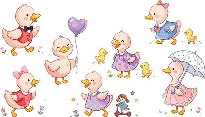 Obraz premium Set of Cute Kawaii Duckling Characters Wearing Outfits Featuring Bow Ties Dresses and Holding an Umbrella and Heart Balloon for Children Nursery and Birthday Graphic Designs