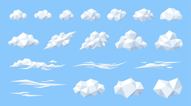 A comprehensive compilation of cloud formations presented with a striking low-polygon design depicting varied celestial phenomena floating across an expansive blue domain ideal for imaginative visual 