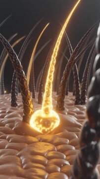 Microscopic view of hair follicle animation with glowing nutrient infusion, close-up shot of skin cells and keratin strands, symbolizing hair growth and nourishment