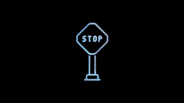 Neon blue stop sign glowing against dark background in minimalist motion graphics video footage