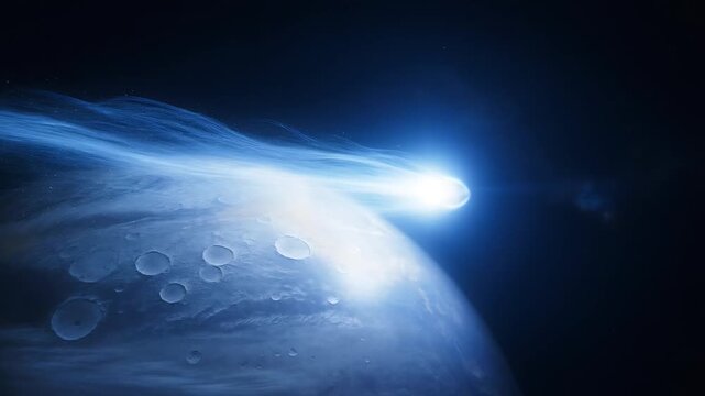 Comet with Long Glowing Tail in Deep Space Universe with Cosmic Dust and Galaxy Background