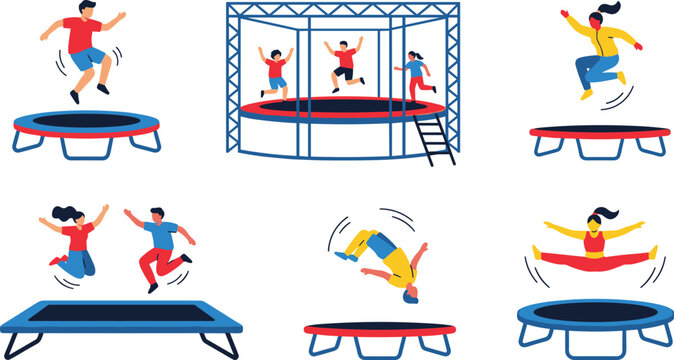 Set of Flat Vector Illustrations Featuring Children and Adults Jumping on Various Trampolines and Rebounders in a Fun Trampoline Park for Active Recreation and Fitness Designs