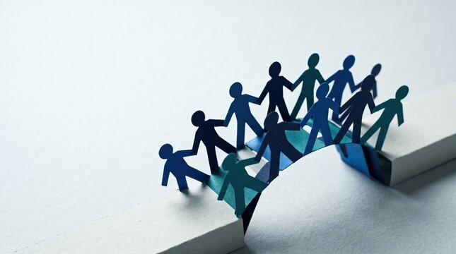 Teamwork and unity concept, paper figures building human bridge between blocks. Support and community connection for business partnership success.
