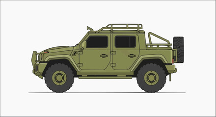 Fototapeta premium A rugged, olive-green expedition vehicle with a roof rack and spare tire, ready for adventure on any terrain