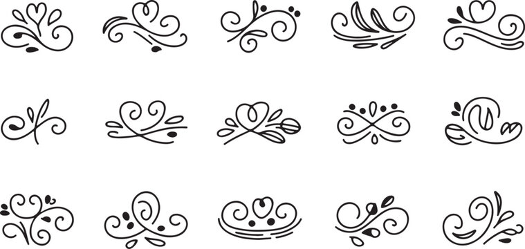 Collection of decorative corner swirls and elegant ornamental flourishes for greeting cards and stationary page accents