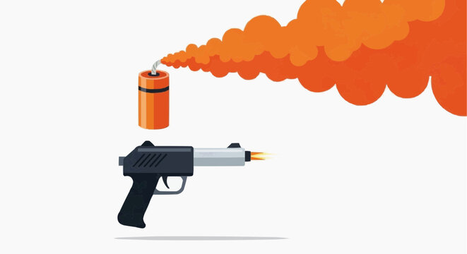 An illustration of a pistol flare gun firing an orange smoke signal. The smoke billows out in a large cloud, creating a dramatic effect