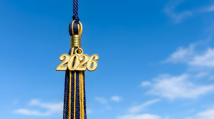 Fototapeta premium Graduation tassel with 2026 date, hanging against blue sky
