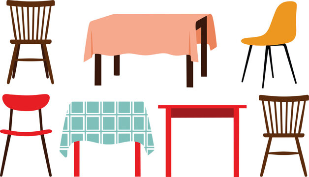 Set of Modern Home Furniture Vector Illustrations Featuring Various Dining Chairs and Tables with Colorful Tablecloths for Interior Design and House Decor Graphic Projects