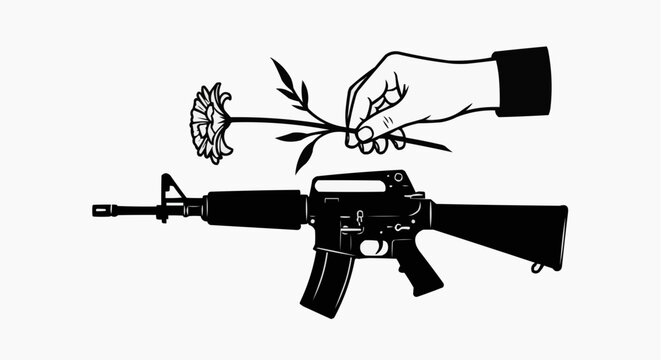 A hand offers a delicate flower above a powerful rifle, symbolizing peace amidst conflict.