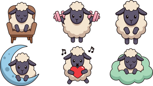 Set of Cute Kawaii Sheep Character Illustrations Featuring Various Poses Like Lifting Weights Sleeping on a Moon and Holding a Heart for Children Nursery Graphic Designs