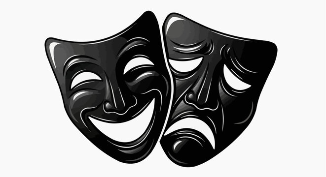 A pair of black theater masks representing comedy and tragedy, back-to-back