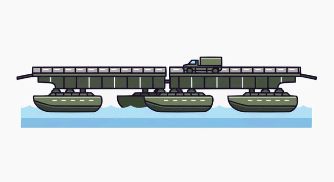 A military pontoon bridge floats across a body of water, supporting a truck crossing. The bridge is constructed from interconnected buoyant sections and military-grade materials.