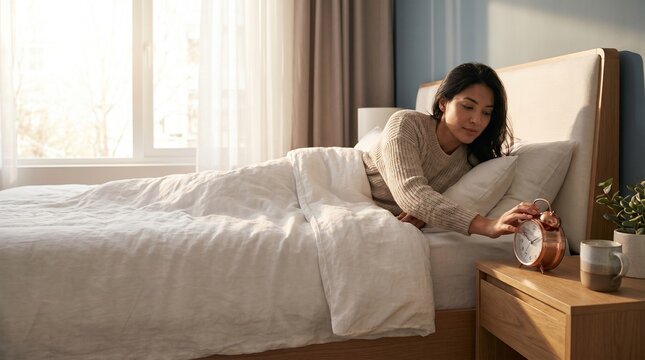 A young Asian woman waking up in a bright bedroom, reaching for an alarm clock on her bedside table in the morning sun.