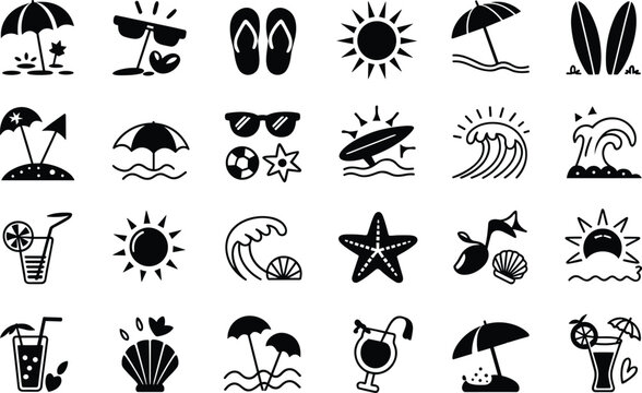 Summer beach vector icons set with parasol surfboard sunglasses and tropical drinks for vacation.