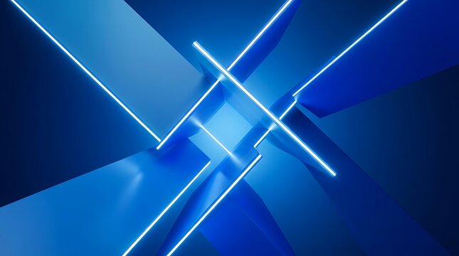 Intersecting blue planes with glowing neon light lines abstract geometric